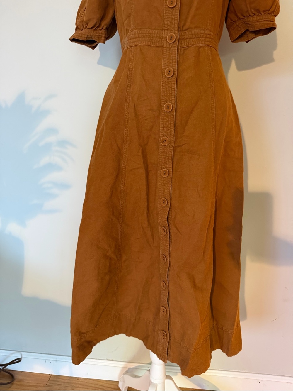 Madewell Seamed Puff-Sleeve Midi Dress Warm Coffee Size 0 Linen Blend - Picture 6 of 15
